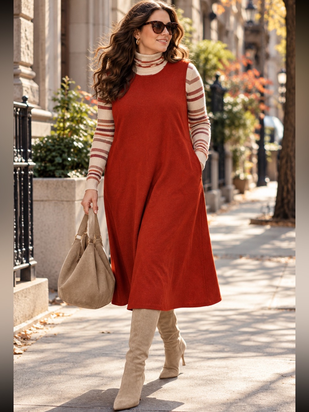 Eileen Fisher 100% Wool Midi Dress Large Rust Red Sleeveless A-Line Pockets